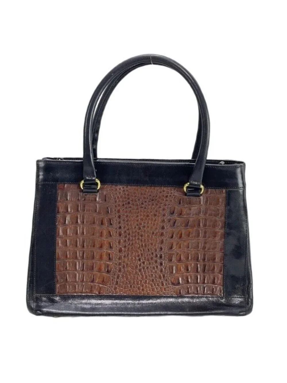 Vintage Brahmin Two-Tone Black & Brown Leather Crocodile Embossed Handbag With G
